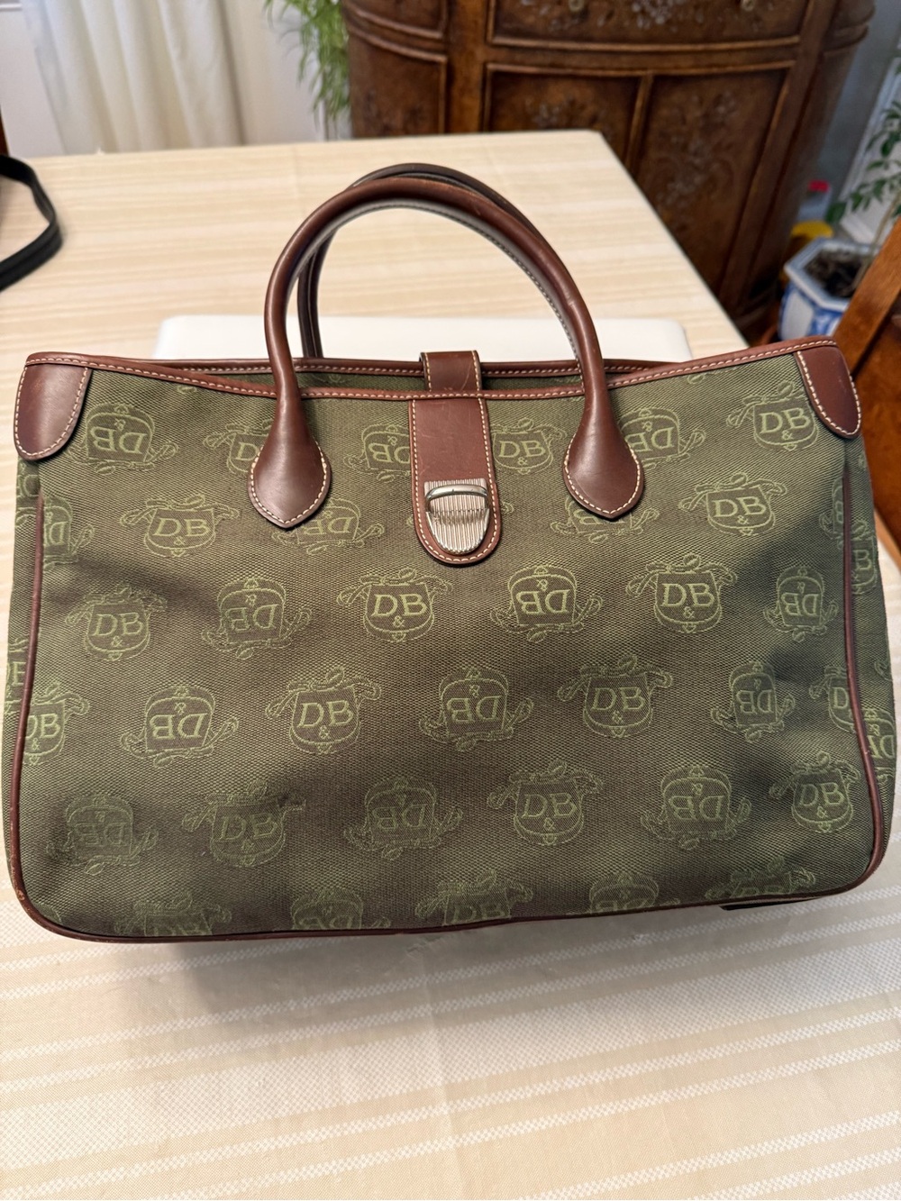 Dooney & Bourke Olive Green &Brown Signature Satchel-measuring 14 1/2 x 10 x 6“